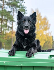 Black dog on a green bin outdoors