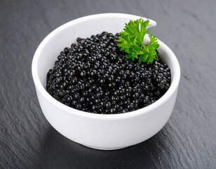 Black caviar in a white bowl on a dark surface