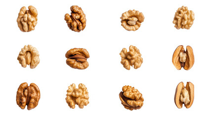 A collection of various walnut halves and whole walnuts arranged neatly on a clean white background. their textures and colors for culinary or health-related use