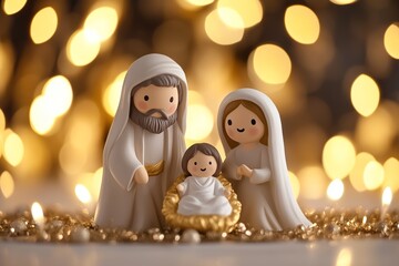 Figurines of three characters in a festive setting with warm bokeh lights and golden accents