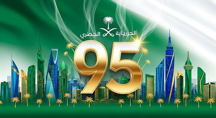 Vibrant Illustration of Golden Number 95 over City Skyline with Green Flag