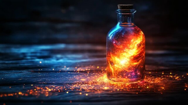Magical glowing potion in a bottle on wooden surface