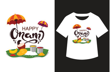 Minimalist black and white graphic featuring "Happy Onam" in modern calligraphy. Text shown standalone and on a white t-shirt design. Clean, bold, high-contrast style for print or design use.