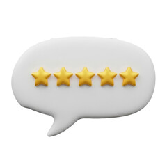 User feedback with five star rating. White speech bubble with five star icon. 3d icon illustration isolated on transparent background, PNG. Concept of online feedbac 