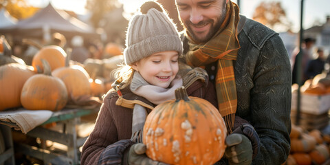 father and daughter choosing pumpkin at farmers market
