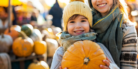 Mother and daughter choosing pumpkin at farmers market