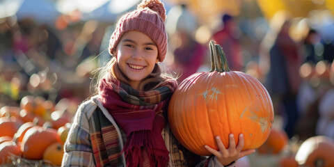 father and daughter choosing pumpkin at farmers market