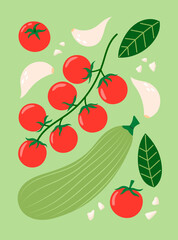 Vegetables poster for supermarket, kitchen, restaurant. Banner with zucchini, cherry tomato, garlic. Culinary ingredients, organic food products, agricultural harvest. Flat vector illustration