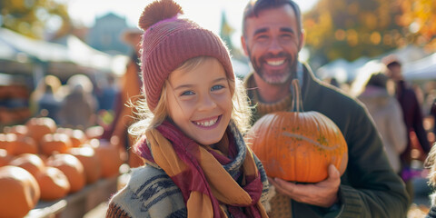 father and daughter choosing pumpkin at farmers market