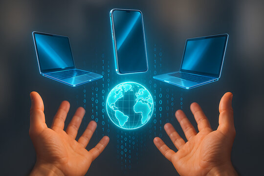 Digital globe, smartphone, and laptops float above open hands, representing global communication, internet connectivity, and the concept of worldwide technology and data exchange