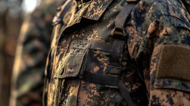 A detailed view of someone wearing a camouflage uniform, suitable for military or outdoor-themed projects