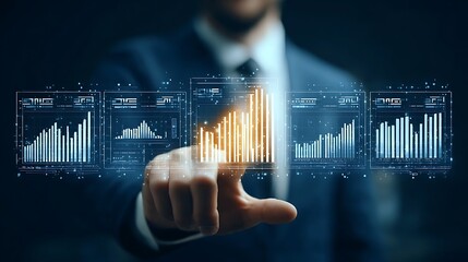 Business Professional Analyzing Data with Futuristic Graphs and Charts in a Dark Office Environment