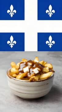 Cinematic video of traditional Quebec poutine with fries, cheese curds and brown gravy in a rustic ceramic bowl, Quebec flag in background, Canadian comfort food stock footage for advertising