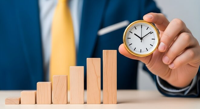 Businessman holding a clock near a wooden block graph representing growth.