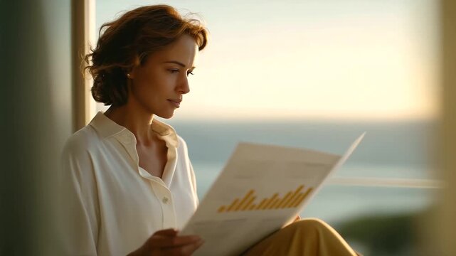 woman flipping through portfolio pages with upward graphs planning retirement success optimism subtle page flip ambient birdsong from window three quarter wide angle cinematic col