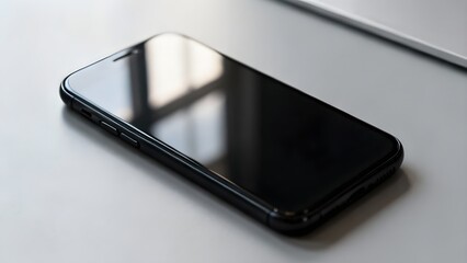 Modern black smartphone with a reflective screen rests on a clean workspace, symbolizing digital connectivity.