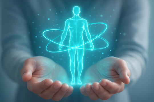 A pair of hands cupping a glowing neon blue outline of a human body surrounded by orbiting rings, representing health, science, futuristic medicine, or human energy