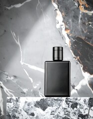 Black perfume bottle on marble pedestal