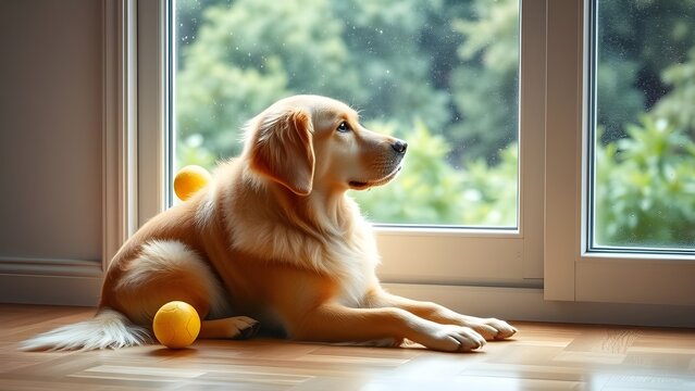 A pensive Golden Retriever dog lies by the window on a rainy day, waiting patiently to play.