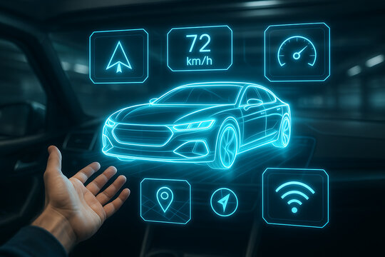 A hand reaching toward a holographic augmented reality display inside a car, showing a glowing neon vehicle model with speed, navigation, and connectivity icons