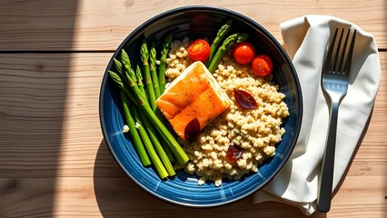 Vibrant plate of grilled salmon with fresh asparagus and couscous on a sunlit wooden table.