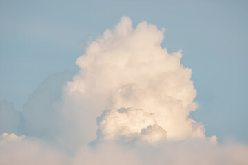 White fluffy cumulus clouds podium on blue sky with empty space background.Beauty cosmetic product placement pedestal present promotion minimal stand display,dreamy concept.