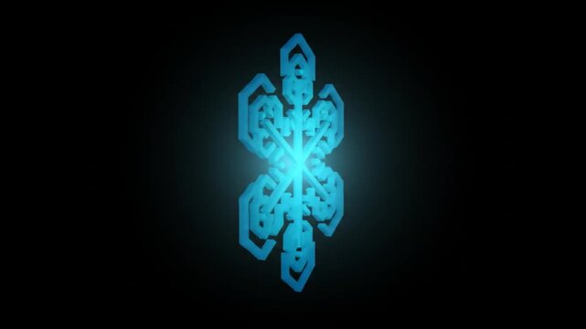 Abstract geometric snowflake graphic in blue against black background