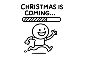 Christmas is coming concept. Funny character running with excitement. Holiday season anticipation with loading bar. Vector doodle for greeting card, web, banner or post.