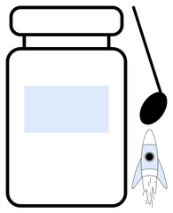 Medicine bottle with spoon beside, tiny rocket launching from its base. Ideal for healthcare, innovation, energy, wellness, motivation, startup futuristic advancements. Uniquely simple flat metaphor