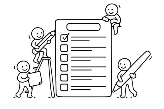 Teamwork business concept. Happy little characters working as a team filling the to do list. Doodle illustration about efficiency, project management, collaboration, and goals.