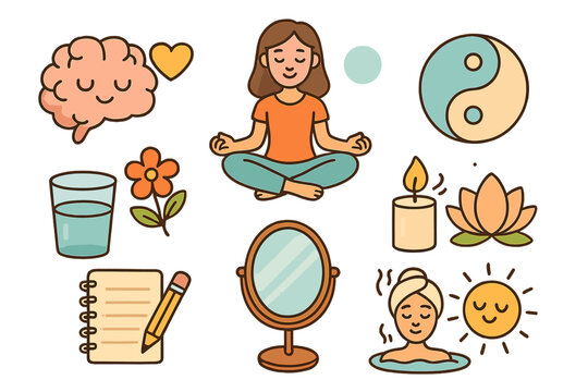 Set of mental health and wellness icons. Mindfulness, meditation and self care concept. Yoga, relax, journaling, balance and positive thinking. Vector cartoon illustration pack. - Powered by Adobe