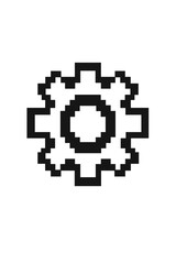 Gear pixel icon. Cogwheel 8 bit graphic element. Retro game style settings button. Vector machine part for web design, app interface. Technology, progress, process cog symbol.
