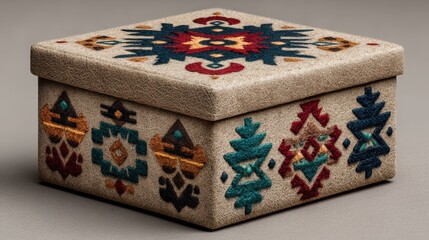 Decorative textile-covered box with intricate patterns, showcasing craftsmanship and design