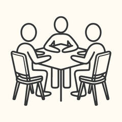 Vector art of three stylized figures in a simple line drawing style are seated around a square table, engaged in a discussion or meeting, with a plain background