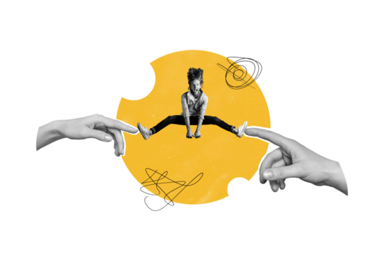 Composite photo collage of crazy man jump twine air levitation hands index finger bridge imitation isolated on painted background - Powered by Adobe