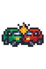 Car crash pixel art icon. Vector illustration of two cars colliding. Road accident symbol in retro 8-bit video game style. Automotive collision, insurance concept graphic.