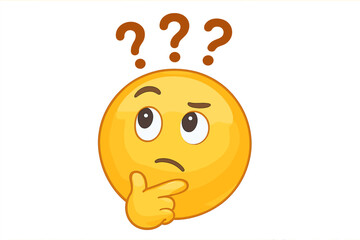 Thinking face emoji with question marks. Pondering emoticon asking questions. Concept of doubt, confusion, problem solving, finding an idea. Vector character illustration icon.