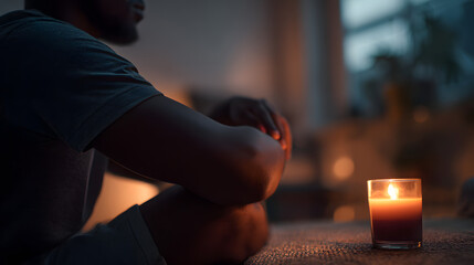Solitary Contemplation: A figure finds solace in a dimly lit room, with a burning candle casting a warm glow, illustrating moments of introspection, peace and reflection.