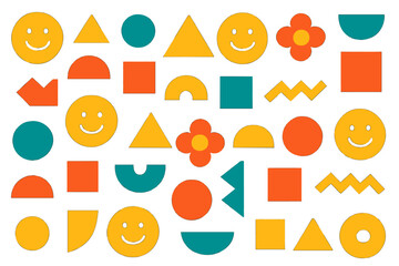 Retro groovy seamless pattern with geometric shapes and happy smile faces. Abstract vector background. Vintage 70s inspired illustration with fun flowers, circles and squares.