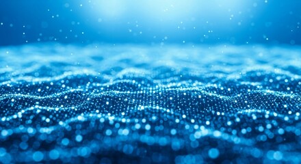 Abstract blue digital data wave and glittering particles background design