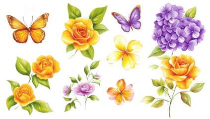 A collection of illustrated flowers including yellow and purple roses. hydrangeas. and butterflies. set against a white background. perfect for decorative or artistic use
