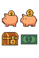 Pixel art money icon set. 8-bit game asset sprites. Piggy bank savings, dollar coin, treasure chest, banknote. Finance, economy, banking and investment concept. Retro vector.