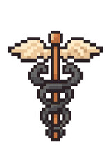 Caduceus medical symbol in pixel art style. 8-bit retro video game sprite icon. Staff with two snakes and wings. Health, medicine, hospital, pharmacy vector graphic design.