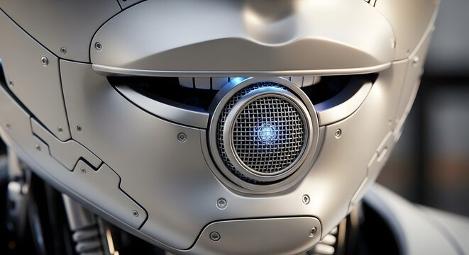 Close-up of a futuristic silver robot's head with a glowing blue optical sensor. - Powered by Adobe