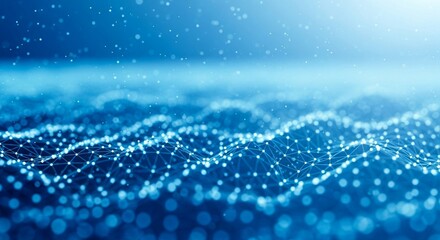 Abstract blue digital wave with glowing particles and connected network