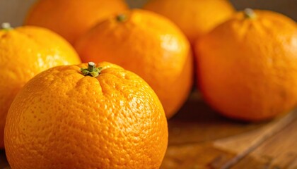Fresh Oranges Grouped Together on a Wooden Surface.