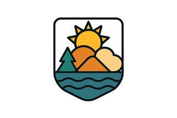 Summer nature landscape badge. Minimalist travel icon with sun, mountains, sea. Outdoor adventure logo. Vector for hiking, camping, vacation concepts. Retro vintage style design.