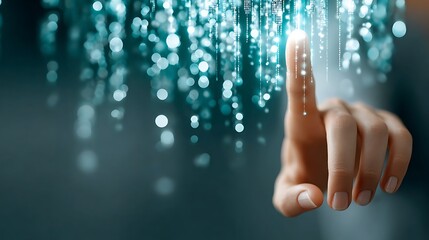 Close-up of Human Finger Interacting with Bright Digital Data Stream Representing Technology and Innovation Concepts
