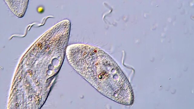Spirochetes and protozoa in pond water under microscope, 4K Video 
