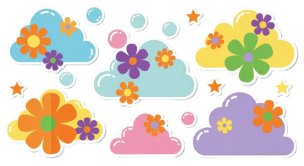 Abstract clouds and flowers shapes sticker set. Flat illustrations. Groovy flowers, bubbles, stars 